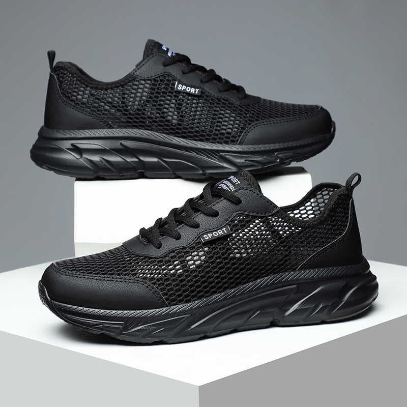 Sapatos masculinos de verão respirável tênis de corrida esportes sapatos casuais todo preto oco gelo seda malha sapatos