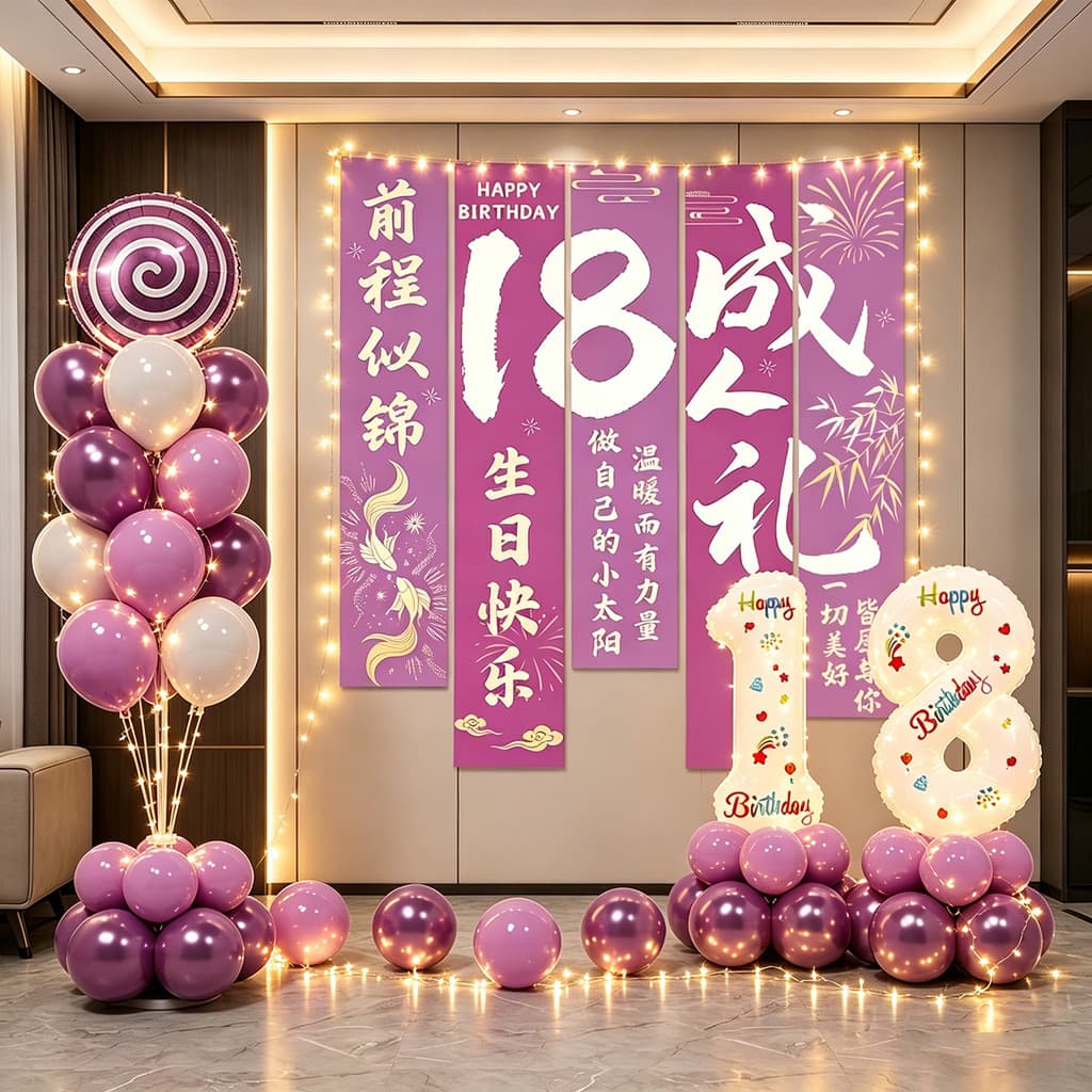 Dezoito anos de idade cerimônia adulta feliz aniversário cerimônia menina balão tapeçaria fundo parede cena decoração ar