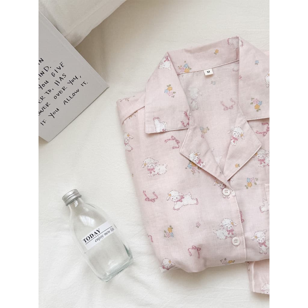 Leite Doce de Cordeiro |Pijama de gaze de algodão puro feminino verão manga curta bonito rosa solto dupla camada gaze ve