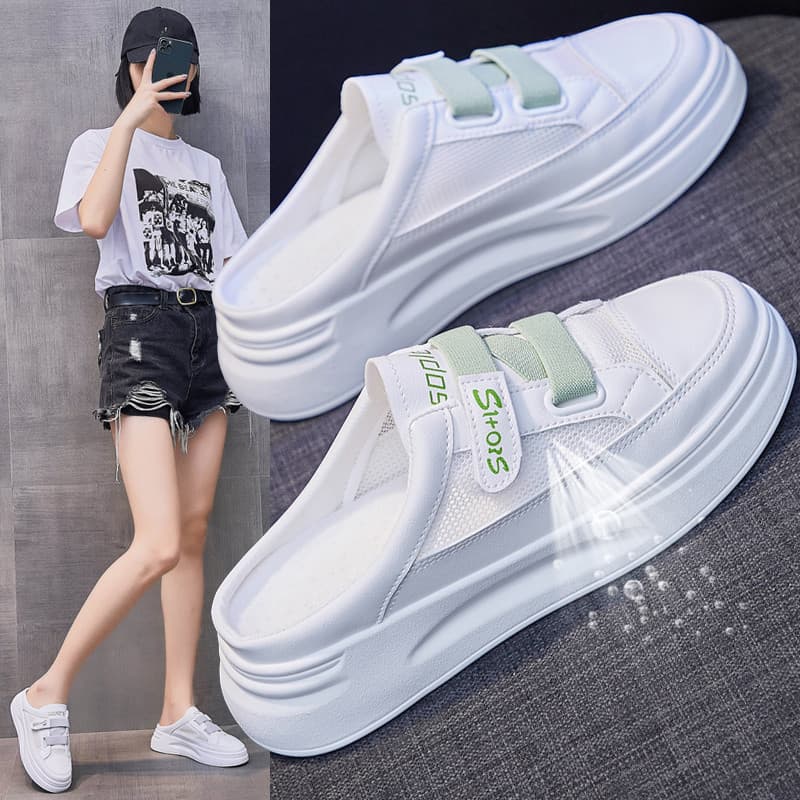 Sapatos brancos de meio deslizamento femininos verão estilo fino malha respirável sapatos de maternidade um Pedal sem ca