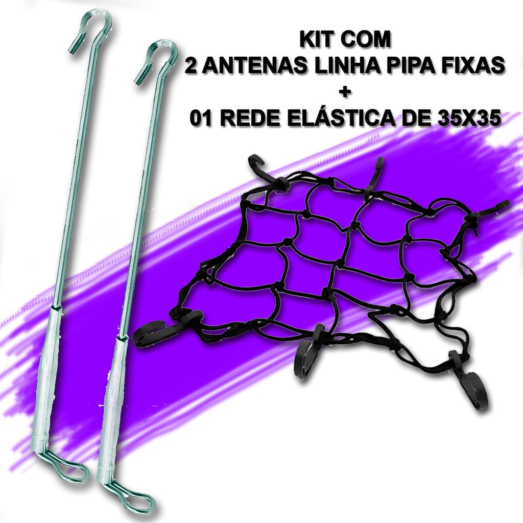 KIT PAR ANTENA FIXA RETROVISOR CORTA LINHA PIPA + ARANHA REDE ELÁSTICA 35 CM