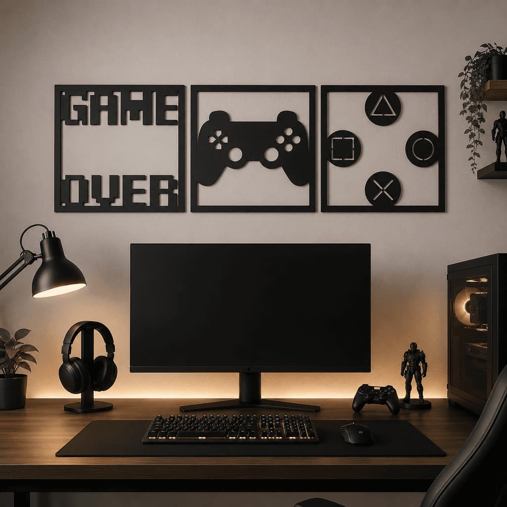 Kit 3 Quadros Gamer MDF Preto 3mm Para Parede Quarto Sala Game Over Controle