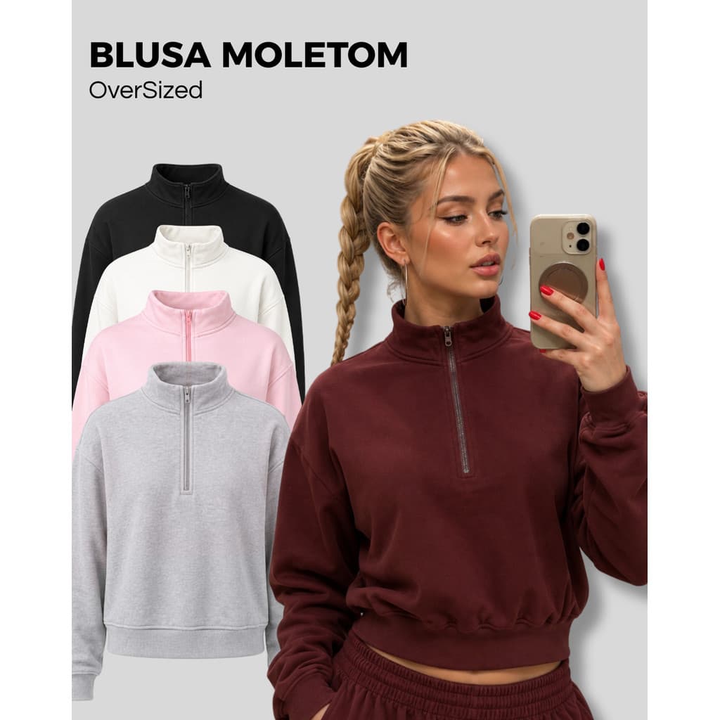 Blusa De Frio Casaco fechado Moletom Feminina Com Ziper Liso Várias Cores Com Plus Size, Mid Size