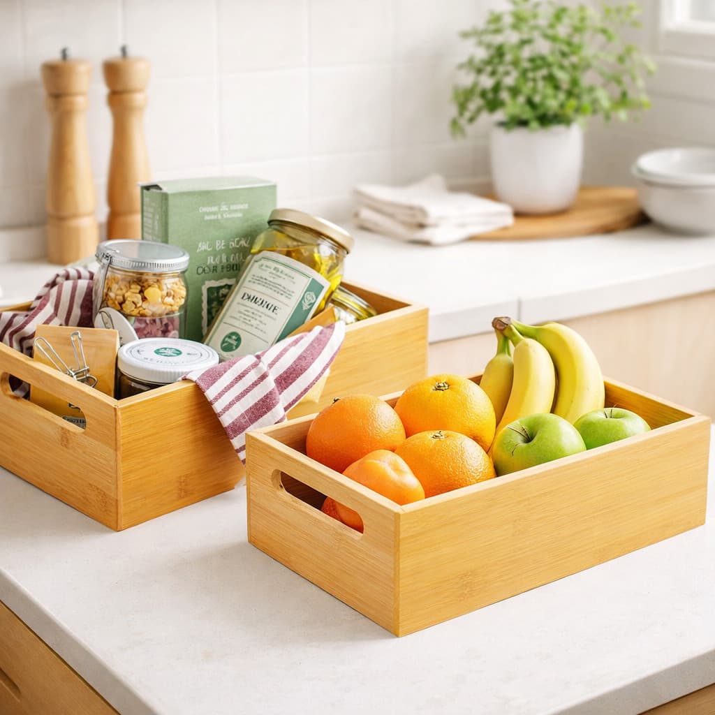 Caixa Organizadora De Bambu Com Alça 30X21.5X10CM Natural Caixote Fruteira