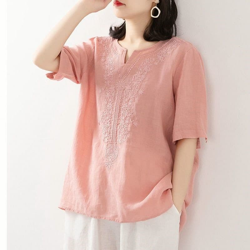 Camisa de linho de algodão feminina com decote em V indústria pesada bordado Retro topo verão novo estilo solto tamanho