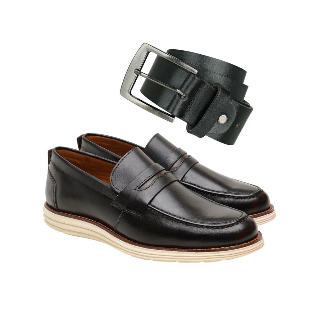 Sapato Preto KIT Masculino Loafer Couro Legítimo + Cinto Social