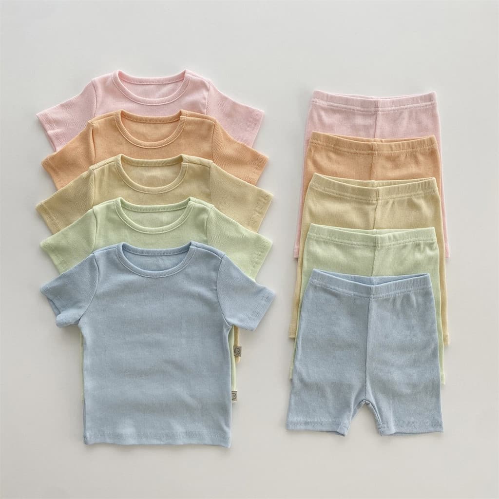 Versão coreana bebê puro algodão manga curta camiseta Shorts macio terno de duas peças bebê Homewear terno cor sólida Pi