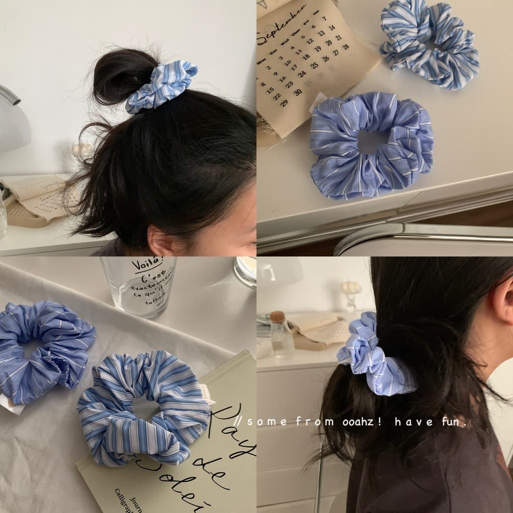 Agora~Enviar!Tecido importado ~ atmosfera coreana corda de cabelo série sal oceano azul céu azul listrado porco elástico