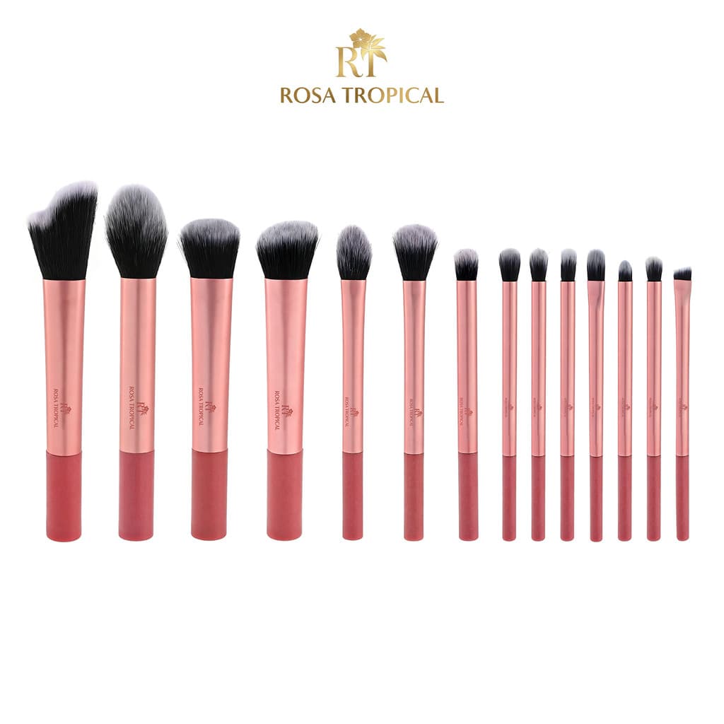 Kit de Pincéis de Maquiagem 14 Peças Completo para Rosto e Olhos  Profissional ROSA TROPICAL