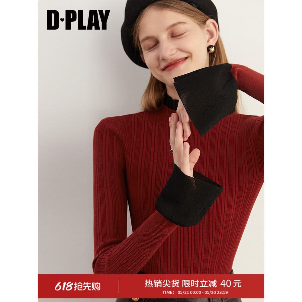 DPLAY2025 Outono Francês Vermelho Top Contraste Cor Meia Gola Alta Suéter Manga Queimada Camisa de Fundo Suéter Vermelho