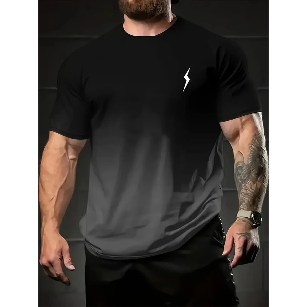 Estilo casual Masculino Verão Gradiente Relâmpago Impressão Confortável E Respirável Em Torno Do Pescoço Camiseta Moda A