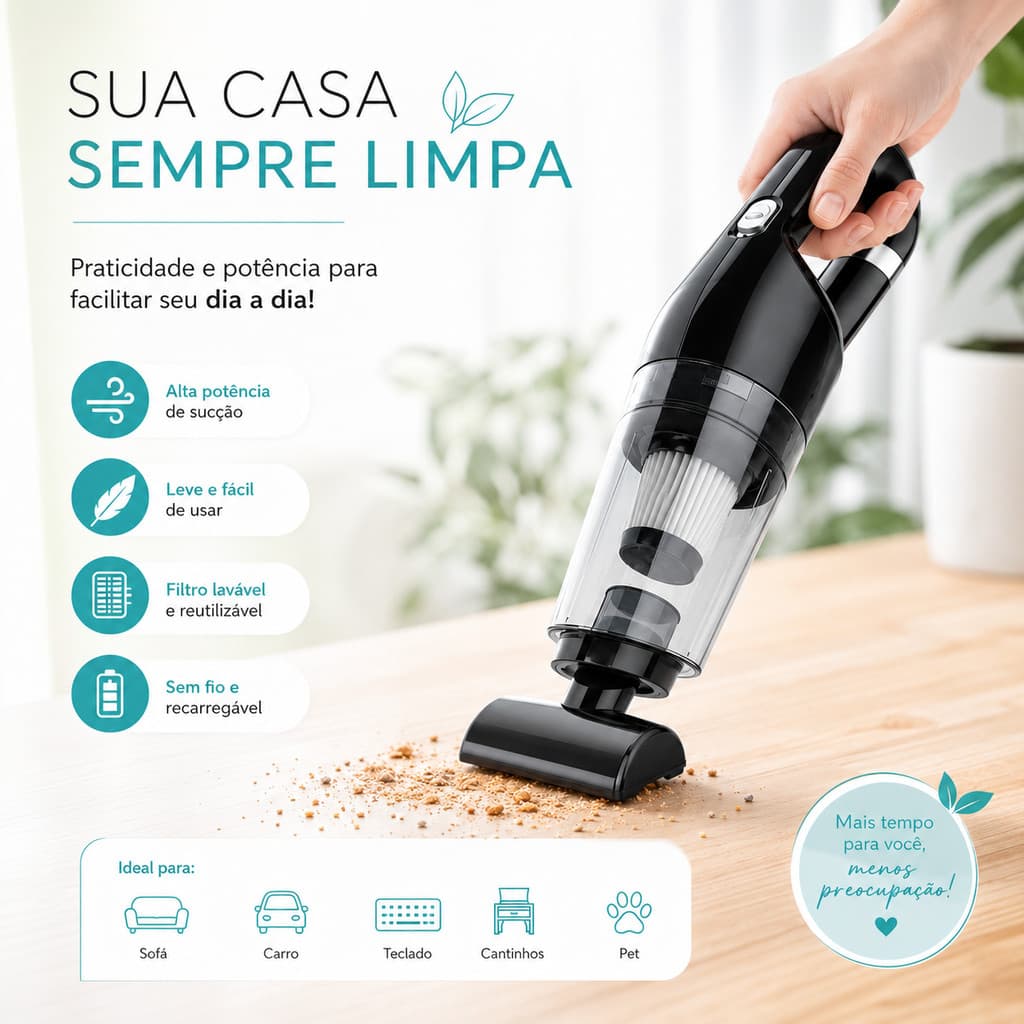 Mini Aspirador Portátil Potente sem Fio para Carro, Casa e Cantos Difíceis