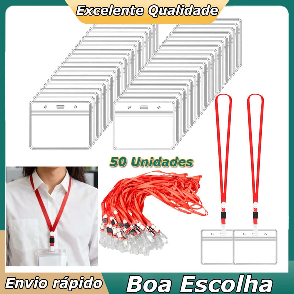 50 Unidades Porta-crachá de PVC Capas para cartões de identificação Suporte de Crachá horizontais com cordões Vermelho