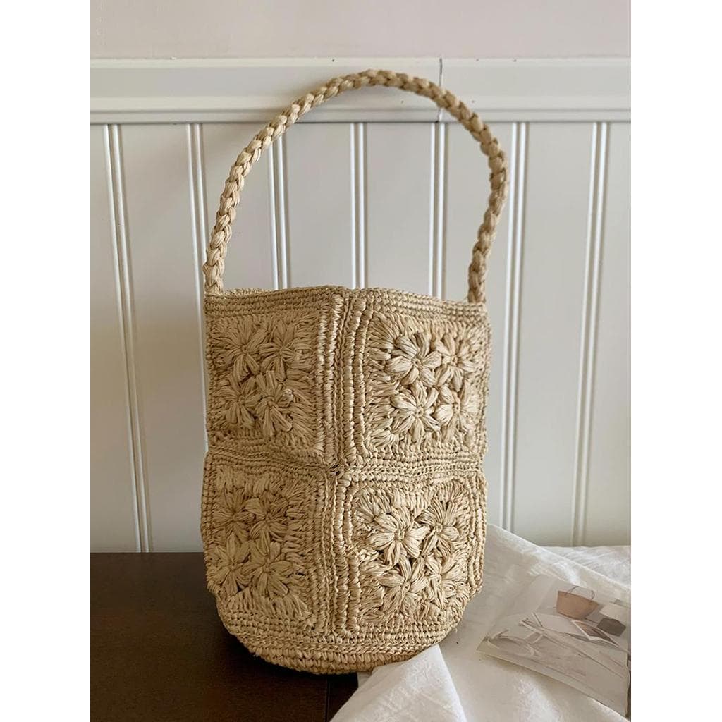 Li Qiaoyou estilo francês 100% ráfia tecido à mão flor balde saco feminino férias à beira-mar bolsa de um ombro