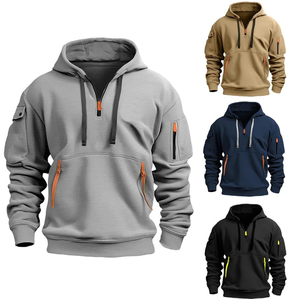 Cross-Border primavera outono moletom masculino com capuz zíper Multi-bolso manga comprida pulôver esportes jaqueta Casu