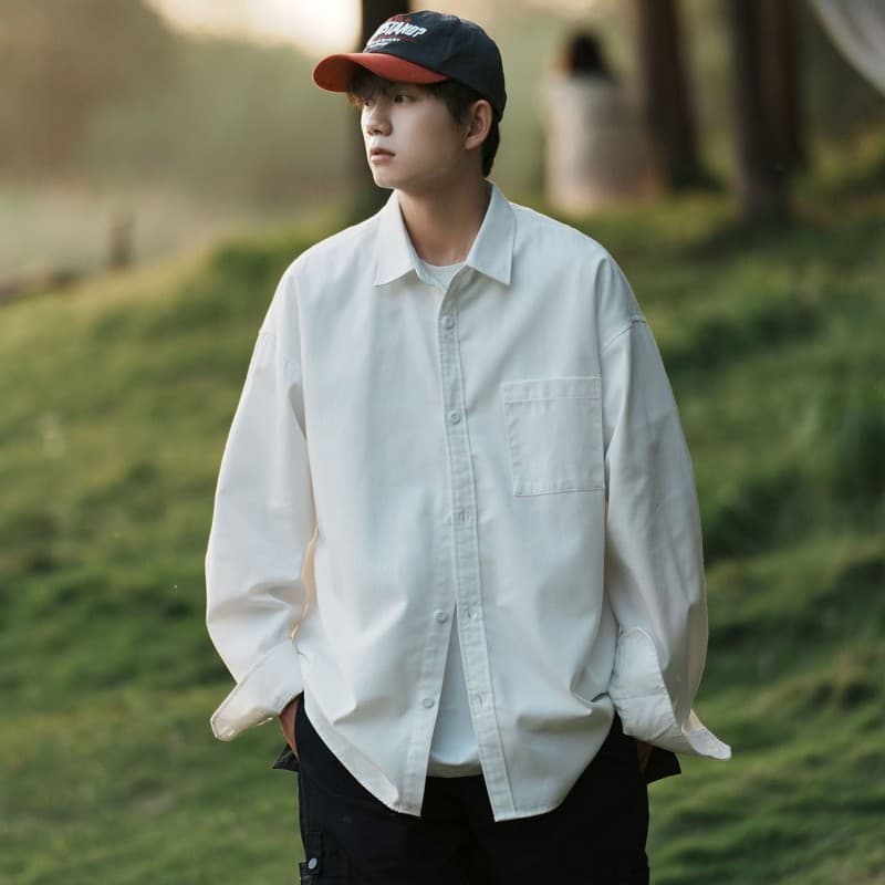 Camisa branca de manga comprida masculina verão estilo fino japonês cityboy camisa Casual na moda simples jaqueta All-Ma