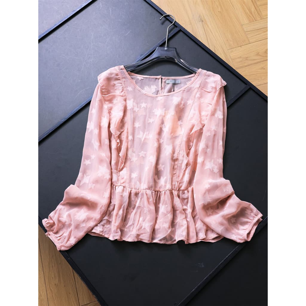 Jacquard solto mais magro olhar em torno do pescoço babados fino Chiffon topo 2025 outono novo estilo blusa de manga com