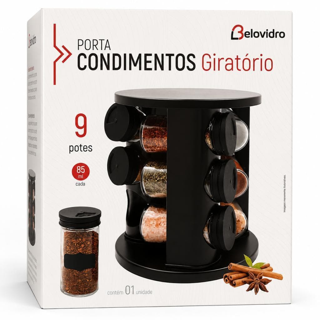 Porta-Condimentos Giratório com 9 Potes de Vidro para Temperos - Belakaza - Reds
