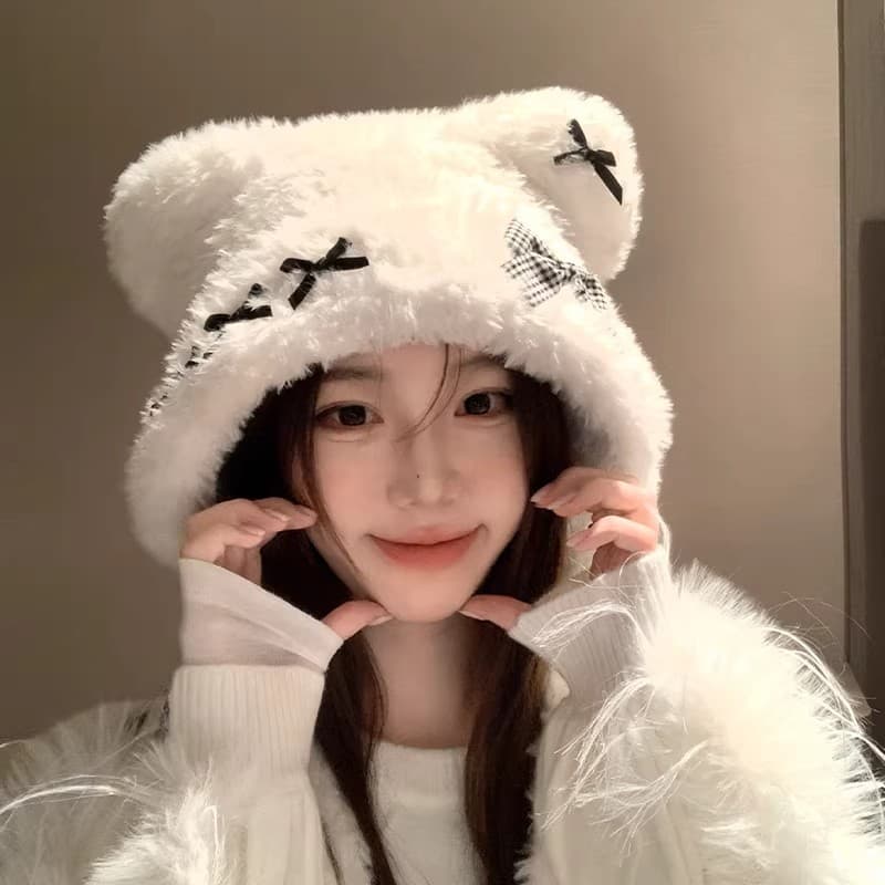 2025 novo estilo urso arco chapéu feminino outono inverno mostrando rosto bonito quente proteção de orelha chapéu de mal