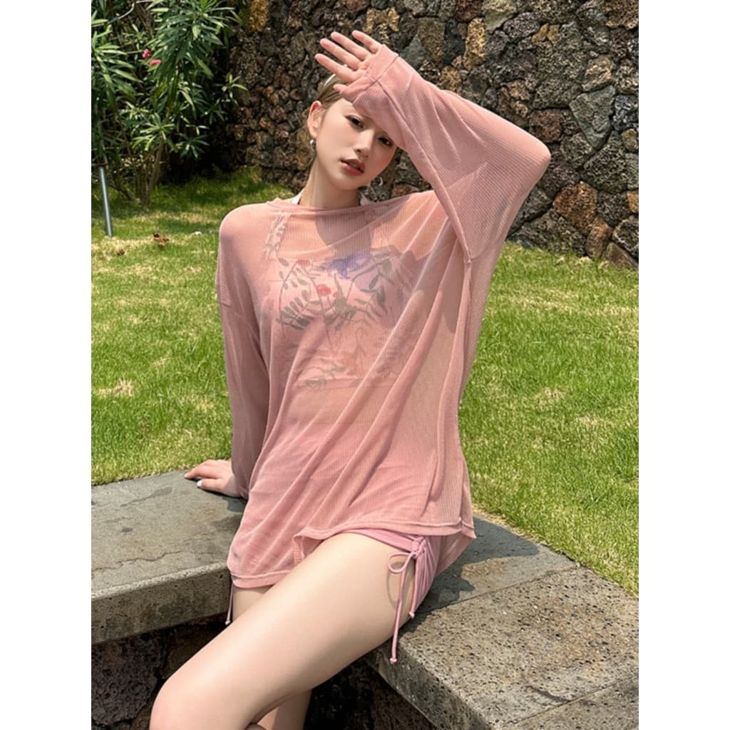 ◆DUDU DUDU◆Novo estilo de férias maiô feminino dividido blusa de três peças protetor solar impresso Boxer capa barriga S