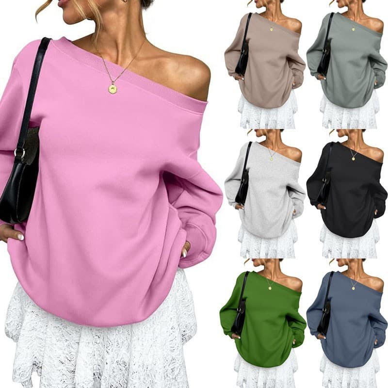 Inclinação moletom Casual moda outono inverno 2026 novo comércio exterior transfronteiriço feminino cor sólida gola Diag