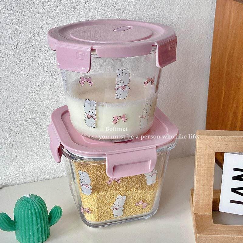 Coelho rosa é muito fofo ~ tigela de vidro rosa para manter fresco com tampa selada tigela de vidro resistente ao calor