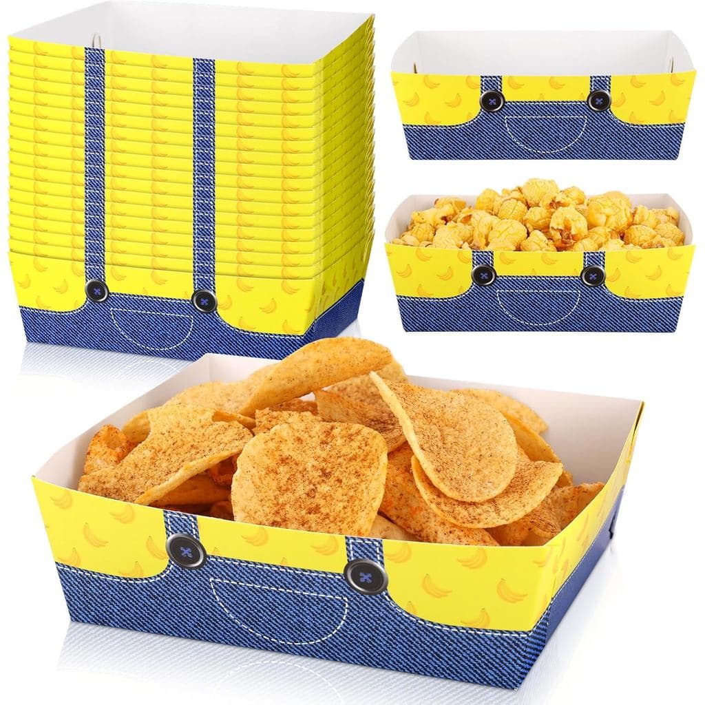 24 Peças de Bandejas de Papel Descartáveis Amarelas com Tema de Jeans Azuis para Festa, Tigelas para Lanches, Decorações