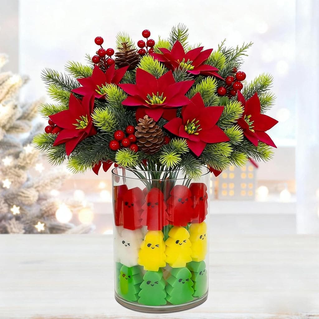 Decorações de Natal - Centros de Mesa de Natal com Flores Artificiais de Poinsétia, Pinhas, Galhos de Frutas Vermelhas,