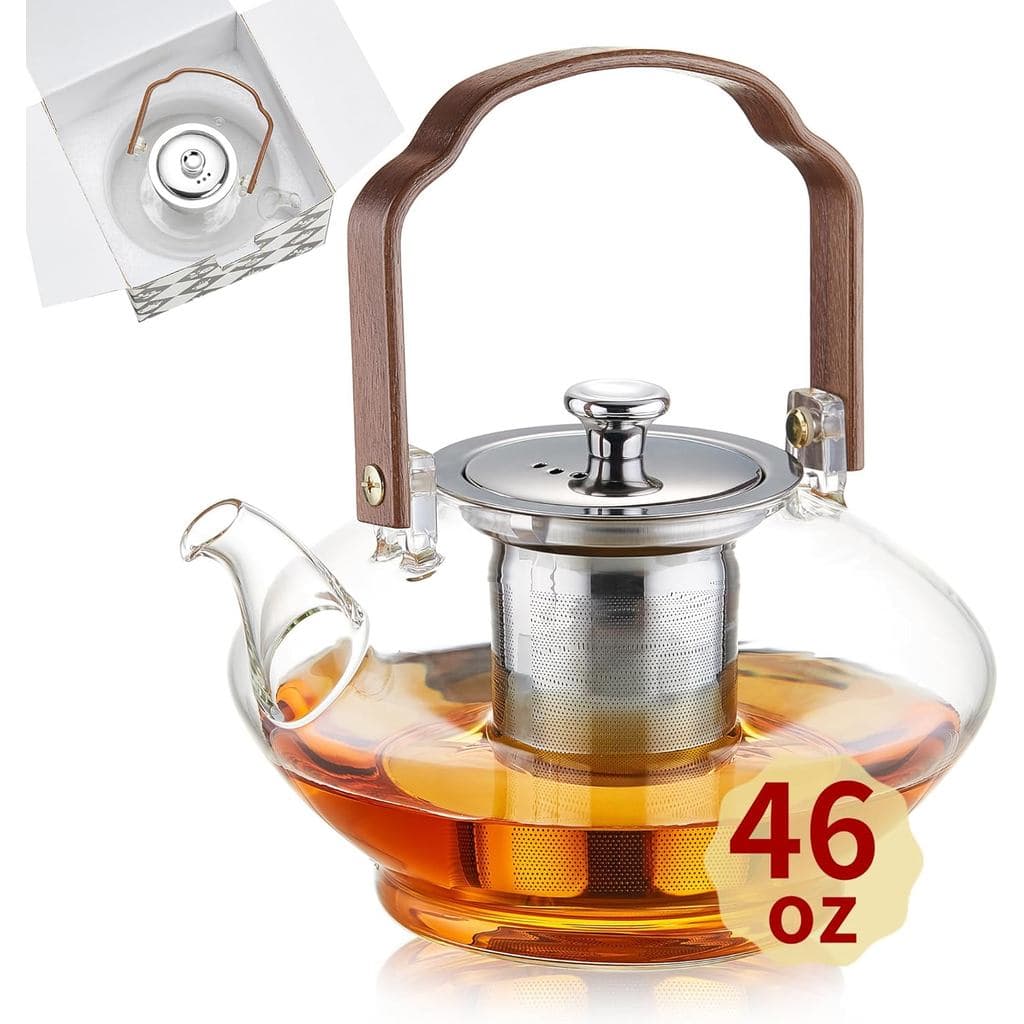 Inquebrável - Bule de Vidro de 46oz com Infusor e Tampa de Aço Inoxidável, Bule de Vidro Borossilicato Resistente ao Cal