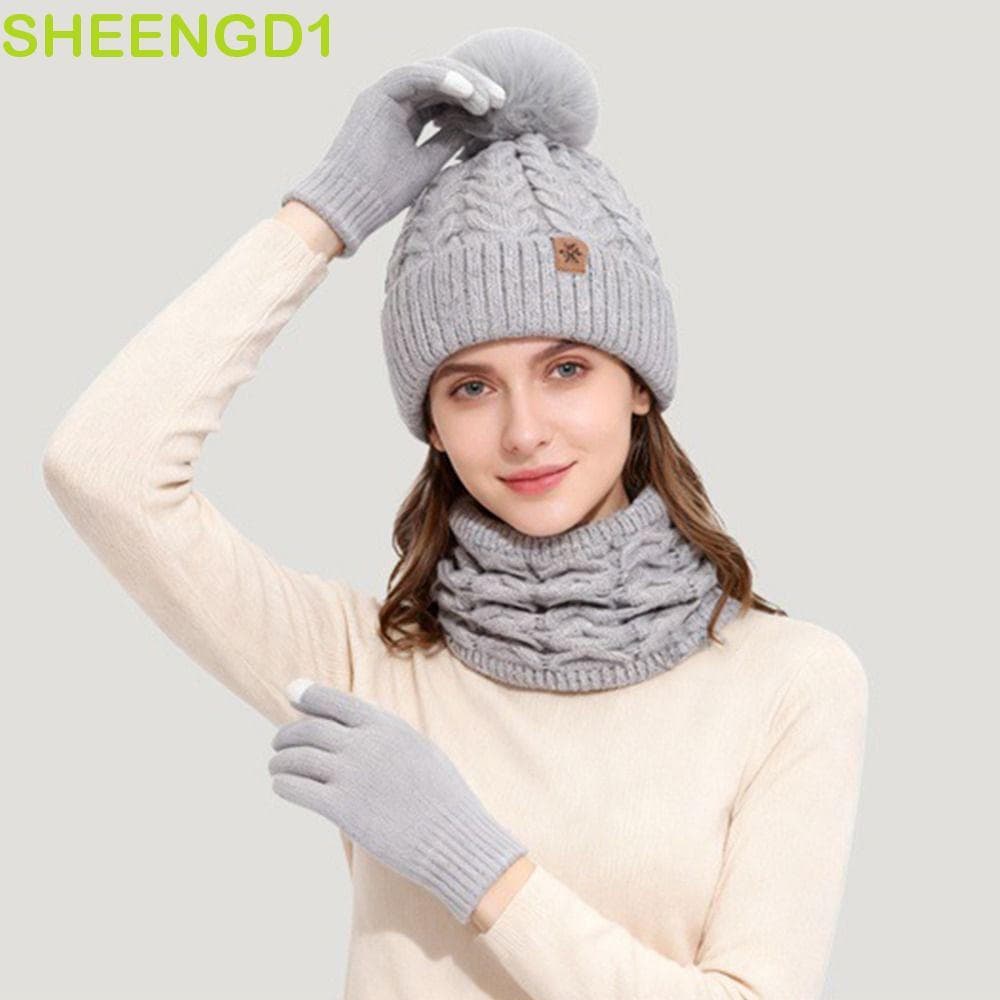 SHEENGD1 Conjunto Feminino De Luvas E Cachecol , Gorros Pompom Espessos De Cor Sólida , Respirável