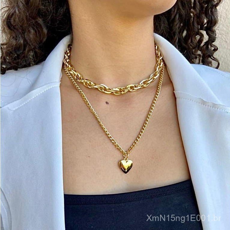 Colar feminino duplo corrente elos coração banhado a ouro 18k antialérgico