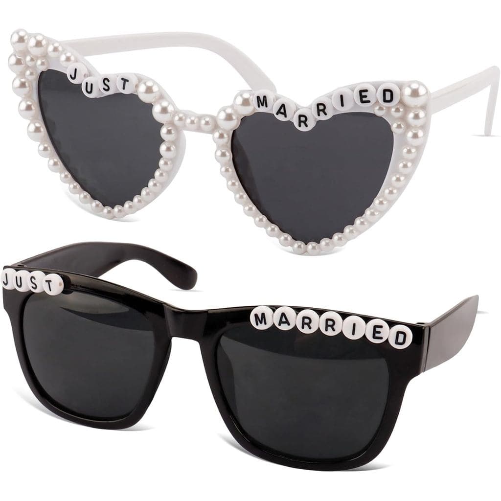 Just Married Decorations 2 Pack White and Black Bride and Groom Sunglasses for Just Married Party Decorations Honeymoon