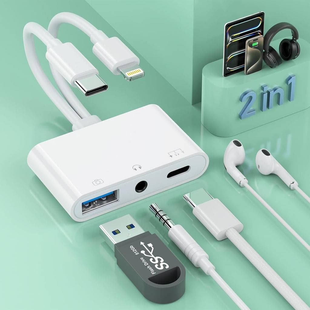 Adaptador Divisor de Áudio 2 em 3 Lightning + USB C para Fone de Ouvido Aux de 3,5 mm, Adaptador USB OTG para Câmera + C