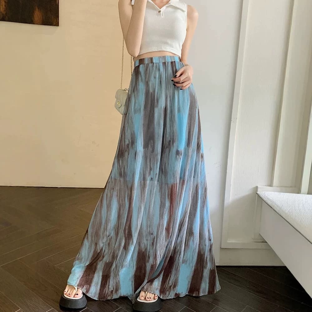 Elegante Tie-Dye saia plissada feminina verão 2026 novo estilo saia alta Drape saia longa saia evasê