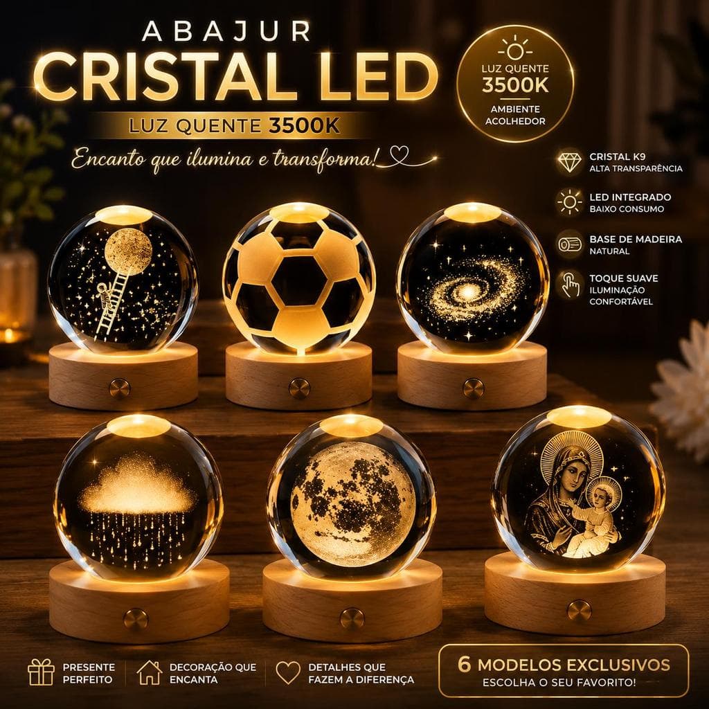 Luminária De Mesa 3D Bola Cristal Abajur LED 3500K Decorativa Luz Noturna USB