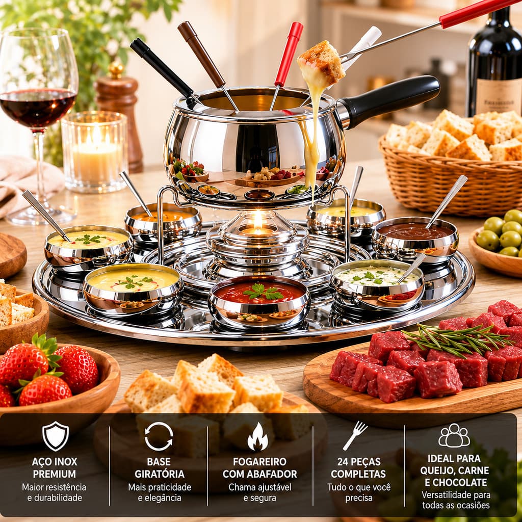 Kit Fondue Brinox Completo 24 Peças Inox com Prato Giratório e Potes Acompanhamento para Molhos