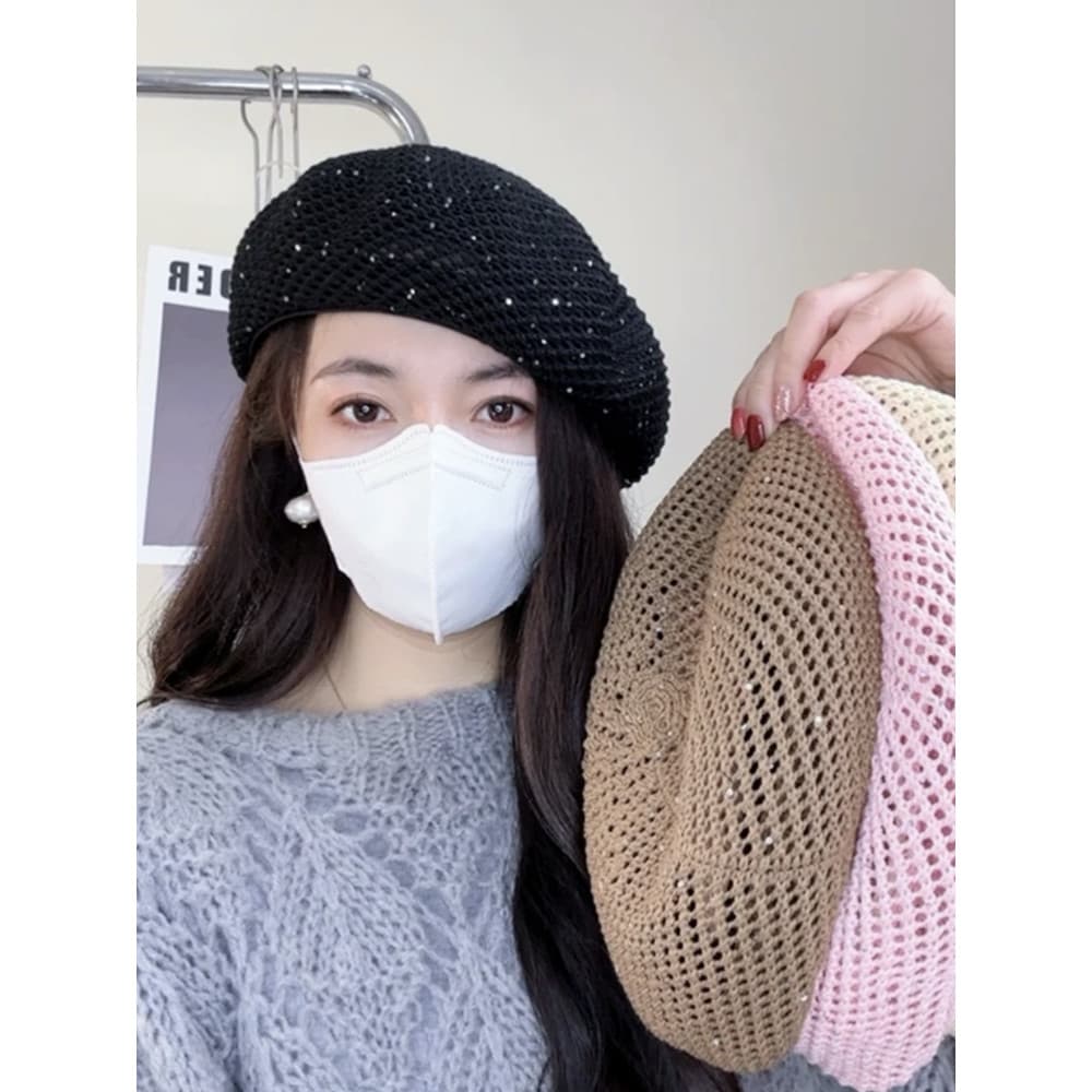 Verão estilo fino respirável oco boina feminino literário Casual pintor chapéu estudante All-Match algodão linho malha b