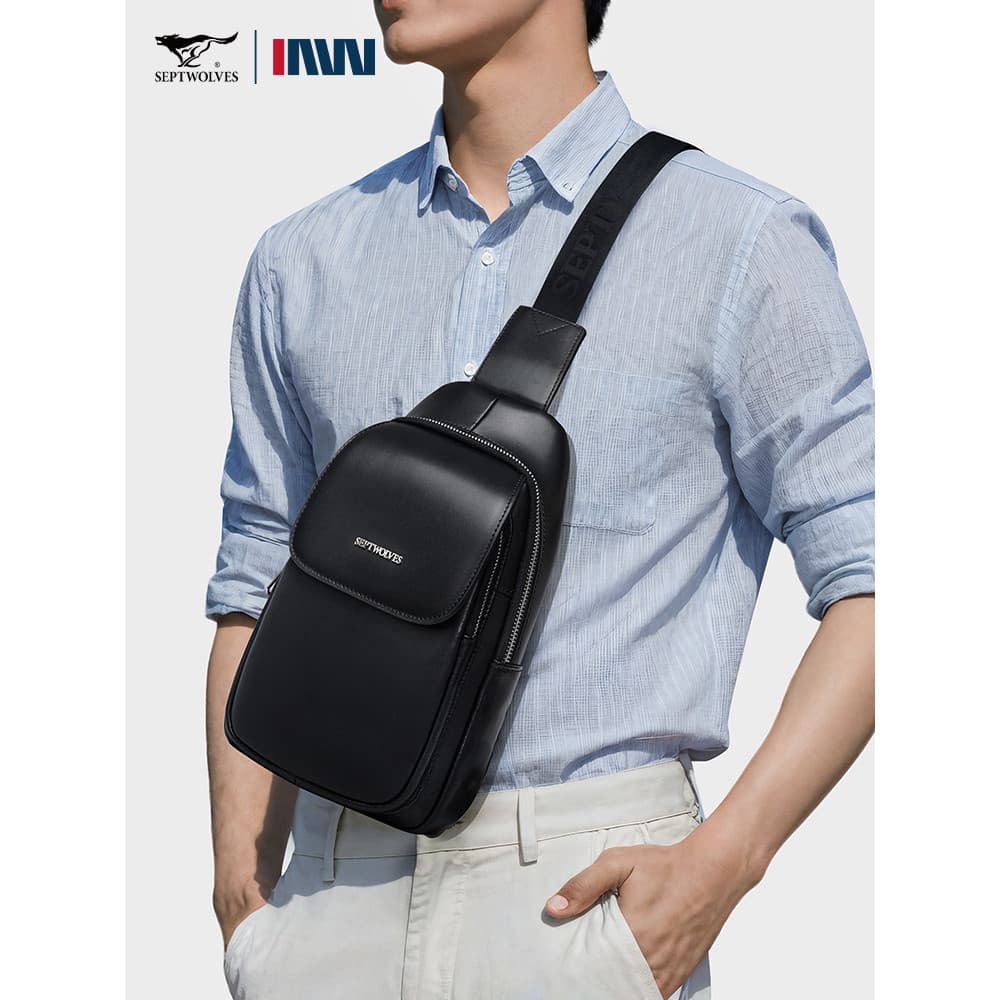 Sete lobos bolsa de couro masculina bolsa de peito moda bolsa de ombro portátil única mochila primeira camada bolsa de c