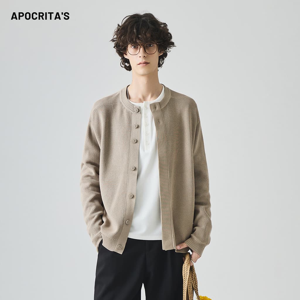 Roupas Masculinas|Suéter masculino outono solto em torno do pescoço estilo dinheiro velho solto malha Cardigan jaqueta t