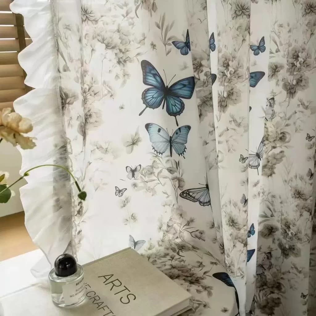 Novo estilo fresco borboleta francesa impressa gaze sala de estar varanda quarto cortina divisória estética translúcida