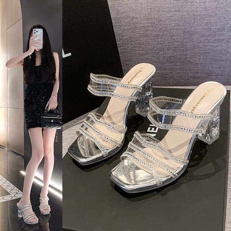Novo estilo verão strass cinta transparente salto grosso sandálias de dedo do pé aberto chinelos 10cm sapatos femininos
