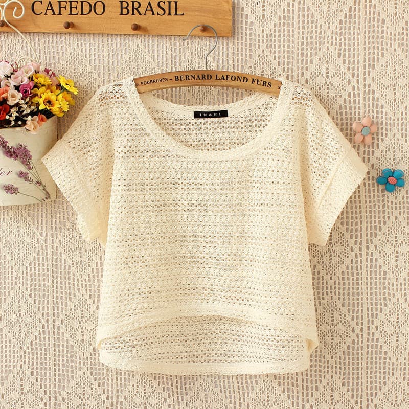 2025 primavera verão camisa de rede feminina de venda quente renda oca pequena blusa solta tamanho grande topo curto mal
