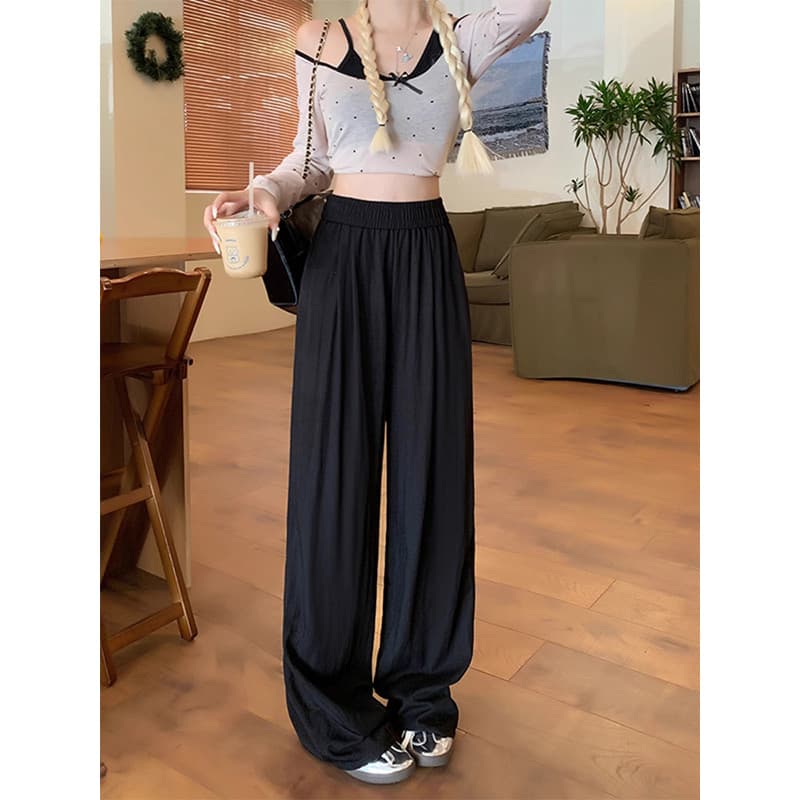Cintura elástica solta Drape perna larga calças casuais femininas verão fino novo estilo preto moda All-Match mais magro