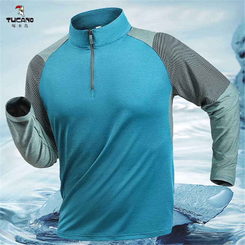 Pica-pau Casual meio zíper gola alta superior masculino estiramento ao ar livre respirável roupas de secagem rápida cami