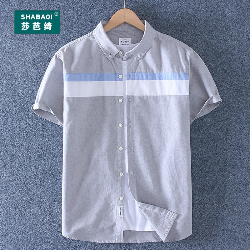 Sabaqi verão novo estilo de manga curta puro algodão fino camisa masculina algodão Casual costura Oxford girando camisa