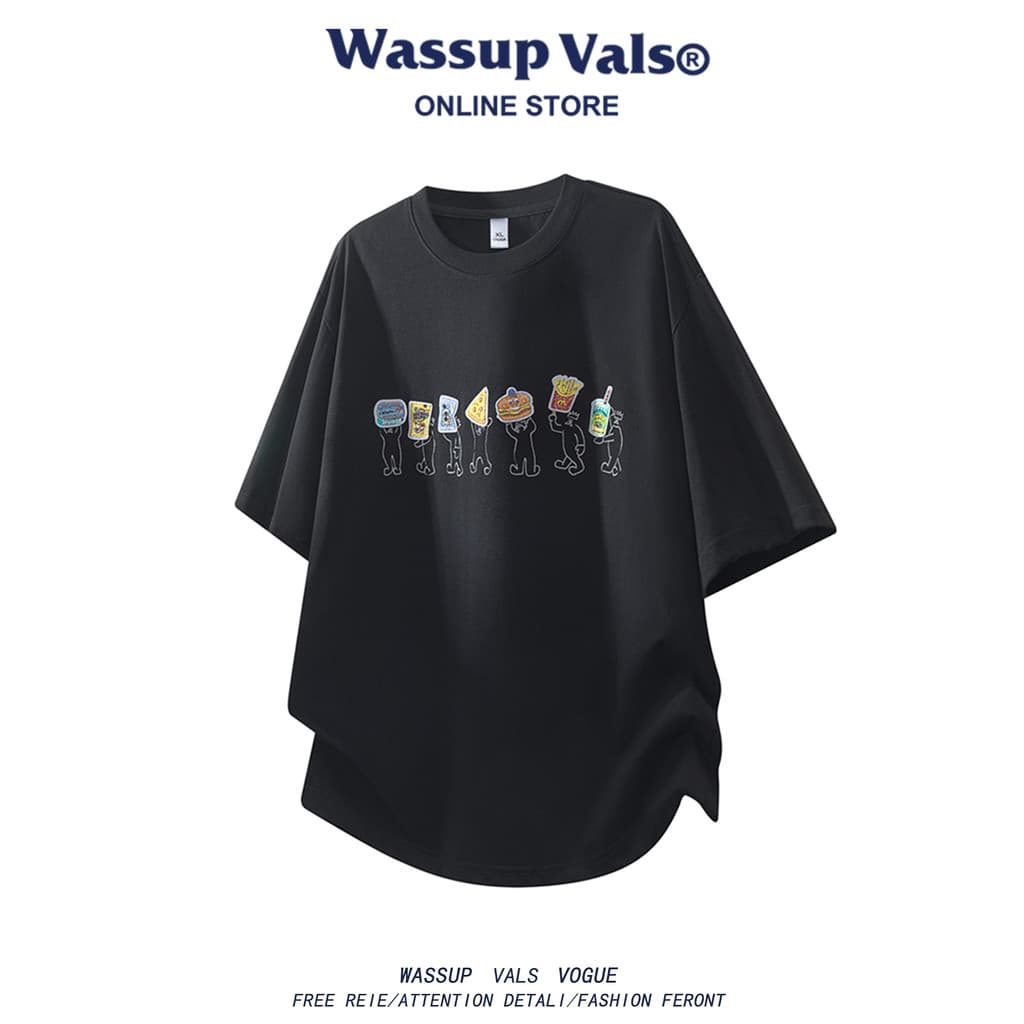WASSUP VALS Americano Novo Estilo Verão Desenhos Animados Impresso Camiseta Masculina Casual Solta Ruffian Bonito Mangas