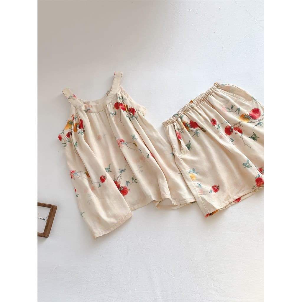 Romã |Puro desejo estilo estilingue pijamas de algodão de bambu feminino verão estilo chinês fibra de bambu chinês Retro