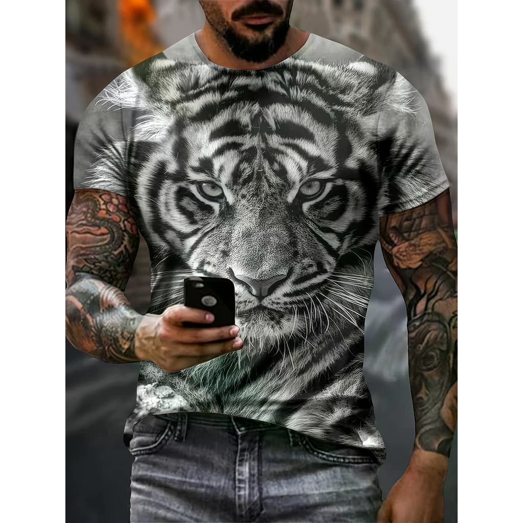 Camiseta Masculina De Manga Curta Com Estampa De Tigre Digital 3D , Gola Redonda , Elegante , Respirável , Confortável ,