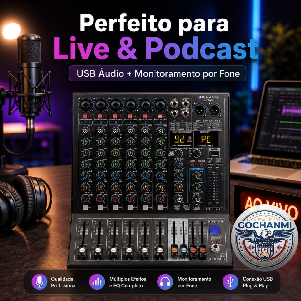 Mesa de Som 8 Canais GOCHANMI NX800 para Microfone Condensador e Igreja
