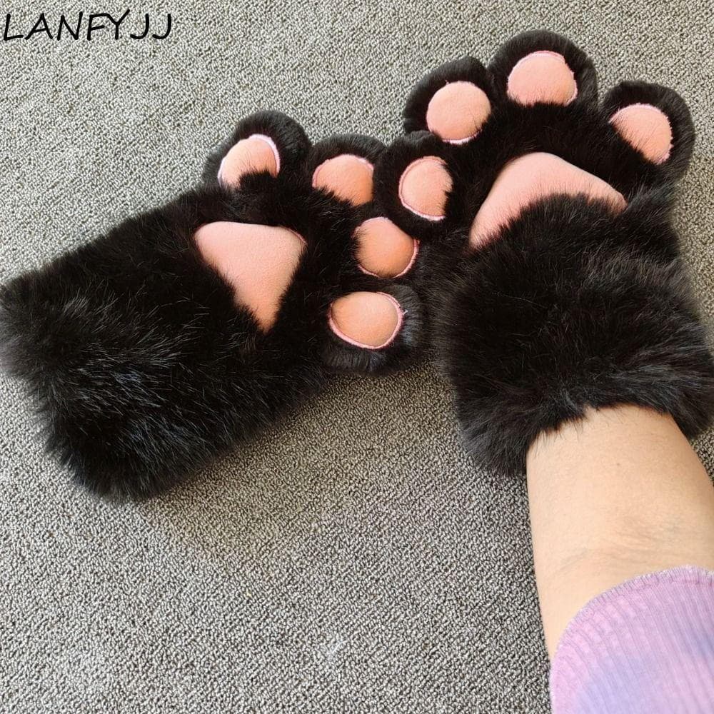 LANFYJJ Luvas De Pelúcia Para Gatos , Fantasia De Cosplay Kigurumi Fursuit De Desenho Animado Quentes E Peludas De Garra